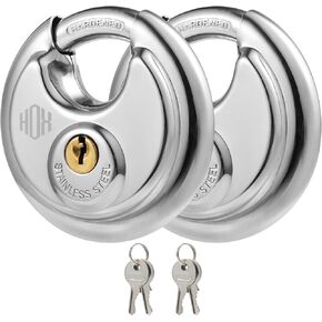 HOX Keyed Disc Padlock, Stainless Steel Keyed-Alike Padlocks, 4-Pack Heavy Duty Locks, Waterproof Outdoors Lock with 3/8 Inch Shackle, 2-3/4 Inch Wide Body, for Hasp Latch, Fences, Storage Locker