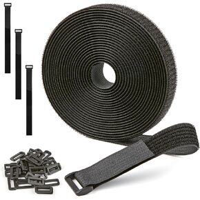 1" x 15ft Nylon Hook and Loop Cable Straps Roll with 20 Plastic Buckles - Reusable, Adjustable, Cut-to-Length for Organizing Cords, Wires & Storage Solutions