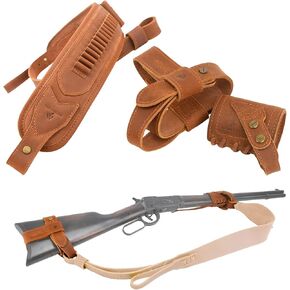 .22LR .22MAG .17HMR No Drill Leather Rifle Sling with Stock Harness and Barrel Mount Universal fit Lever Action Rifles, Crescent Shape Stock