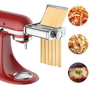 Stainless Steel Pasta Maker Attachment for KitchenAid Stand Mixer, 3 in 1 Pasta Maker with Auto Conveying Roller Plate Includes Pasta Roller Spaghetti & Fettuccine Cutter