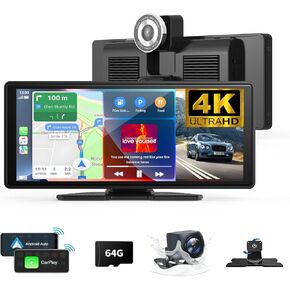 شاشة Carplay اللاسلكية للسيارة 10.26 "4K 360 DASH DASH CAM CARPLAY & Android Auto Car Stereo Audio Audio مع 1080p كاميرا احتياطية GPS الملاحة/المرآة/التحكم الصوتي/Siri