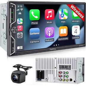 7'' Wireless Double Din Car Stereo with Apple CarPlay Android Auto - 240W Powerful Sound, 4.2-CHN Audio Output, QLED Touchscreen, Bluetooth Car Audio Receiver, Backup Camera, FM/AM Car Radio