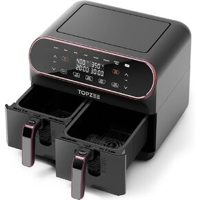 8 QT Large Air Fryer, Dual Basket Airfryer with Easy View Windows, Preheat, Air Fry, Roast, Broil, Bake, Dehydrate, 2 Independent 4 QT Nonstick Dishwasher Safe Baskets, w/Pink Border