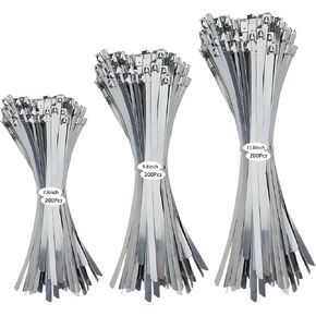 600Pcs Metal Zip Ties Assorted Size 7.8+9.8+11.8 Inch 304 Stainless Steel Zip Ties Self Locking Heavy Duty 220 Pound Tensile Strength Adjustable Cable Ties for Indoor Outdoor Fence Canopy Workshop