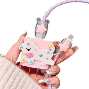 واقي كابل لطيف لغطاء شاحن iPhone ، تصميم الكلاب 3D Kawaii مع زخرفة النجمة الوردي لغطاء شاحن iPad ، حامي الشحن DIY كبل خط البيانات USB شاحن الشاحن
