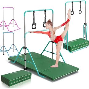 SOKOL Foldable Gymnastics Bar with Mat - 6 Height Adjustable Gymnastics Kip Bar with Gym Rings for Pull Up Bar, Screws, Safety Nonslip Feet - Max Load 75kg, Steel Indoor Gymnastics Equipment for Kids