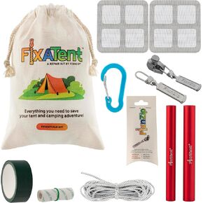 FixnZip FixATent: A Repair Kit Kit Includes Tent Pole splints, Shock Cord, Replacement Zipper Slider, Screen Patches, Fabric Repair Tape, Duct Tape, and Carabiner.