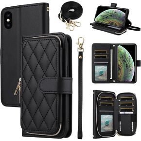 Argyle Wallet Case for iPhone Xs X 10 10s with Wrist Strap Shoulder Strap Card Slot Zipper Purse, PU Leather Stand Phone Cover for iPhoneX iPhoneXs iPhone10 i PhoneX SX 10x 10xs X’s Black