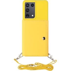 Shinyzone Lanyard Phone Case Compatible with Samsung Galaxy S22 Ultra 5G,Crossbody Wallet Case with Strap for Women,PU Leather Flip Cover with Credit Card Holder Silicone Gel Soft Back Case,Yellow