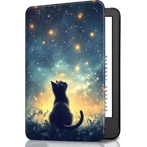 Case Fits 6" All-New Kindle (11th Generation-2024/2022 Release) – Premium PU Leather Cover with Auto Sleep/Wake, Lightweight & Durable Kindle Case for Kindle 11th Gen 2024, Black Cat Sky