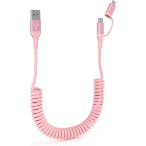 2-in-1 Coiled USB-C & Lightning Pink iPhone Car Charger - Pink Charger for iPhone 16/15/14/Android, Apple CarPlay & Android Auto Supported, Short Coiled Design for Car/Travel/Power Bank (3-4FT)