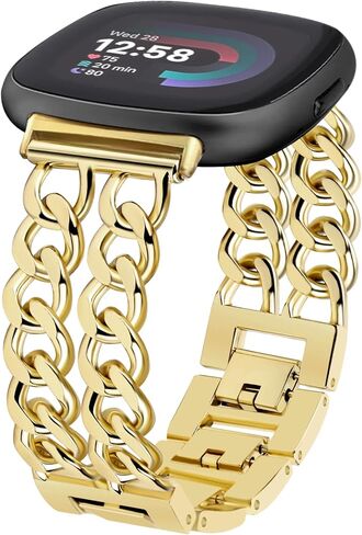 JR.DM Gold Watch Bands for Women Compatible with Fitbit Versa 4/Versa 3/Fitbit Sense 2/Sense Band Adjustable Metal Strap Cowboy Steel Chain Bracelet in Saudi Arabia