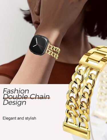 JR.DM Gold Watch Bands for Women Compatible with Fitbit Versa 4/Versa 3/Fitbit Sense 2/Sense Band Adjustable Metal Strap Cowboy Steel Chain Bracelet in Saudi Arabia