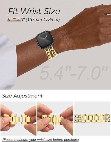JR.DM Gold Watch Bands for Women Compatible with Fitbit Versa 4/Versa 3/Fitbit Sense 2/Sense Band Adjustable Metal Strap Cowboy Steel Chain Bracelet in Saudi Arabia