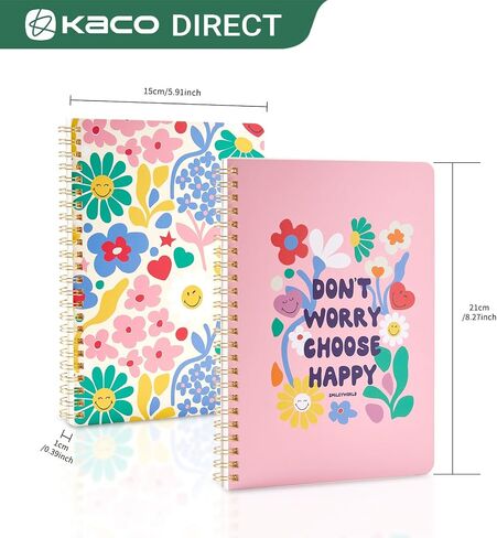 Kaco Pack 2 Cute Mini Spiral Notebooks, Set of 2 For Women, 8.2'' x 5.9'' Hardcover Journal 120 x 2 Lined Pages with Pocket and Sticker in Saudi Arabia