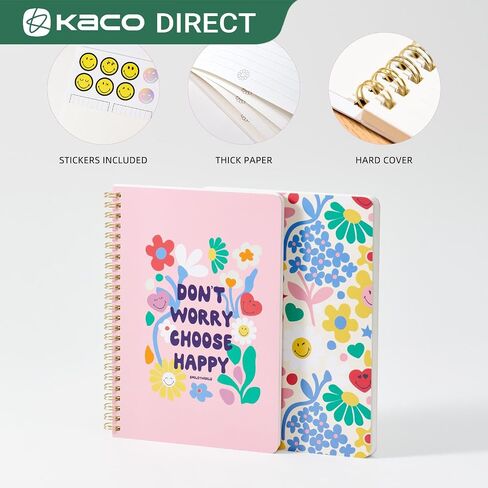 Kaco Pack 2 Cute Mini Spiral Notebooks, Set of 2 For Women, 8.2'' x 5.9'' Hardcover Journal 120 x 2 Lined Pages with Pocket and Sticker in Saudi Arabia