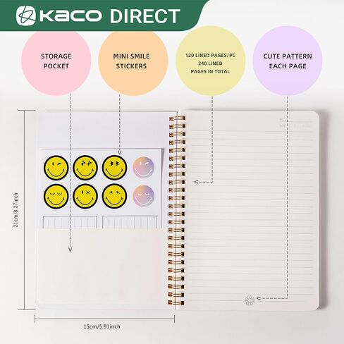 Kaco Pack 2 Cute Mini Spiral Notebooks, Set of 2 For Women, 8.2'' x 5.9'' Hardcover Journal 120 x 2 Lined Pages with Pocket and Sticker in Saudi Arabia