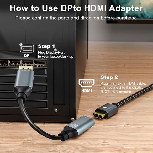 DisplayPort to HDMI Adapter 8K, Uni-Directional DP 1.4 to HDMI 2.1 Screen (Male to Female) Cable Support 8K@60Hz/4K@120Hz Display for HP, Dell, AMD, NVDIA, (Not Compatible with PS5), 10.2" in Saudi Arabia