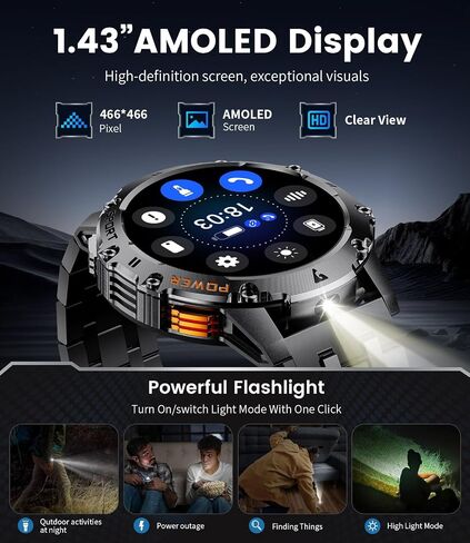 Military Smart Watch for Men with Flashlight/5ATM Waterproof,1.43'' AMOLED Tactical Smartwatch with 500mAh Battery,110+ Sport Modes Fitness Tracker Smart Watch for Android iOS (Answer/Make Call) in Saudi Arabia