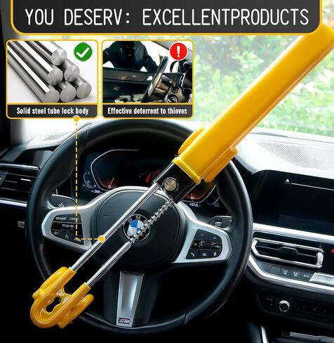 Heavy-Duty Steering Wheel Lock – Anti-Theft Car Security Device Adjustable Locking (7.0"-12.6"), with 3 Keys, for Cars, Trucks, SUVs (Yellow) in Saudi Arabia