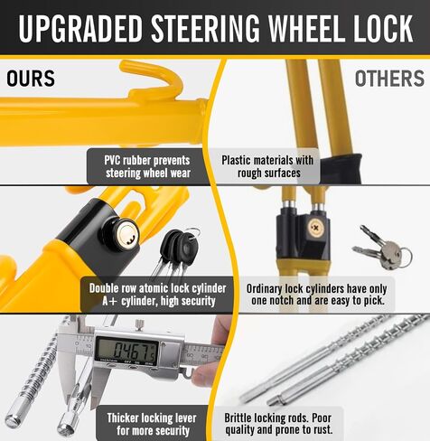 Heavy-Duty Steering Wheel Lock – Anti-Theft Car Security Device Adjustable Locking (7.0"-12.6"), with 3 Keys, for Cars, Trucks, SUVs (Yellow) in Saudi Arabia