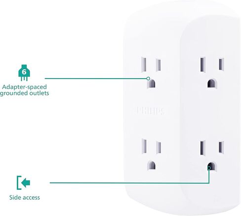 Philips 5-Outlet Extender with USB-C and USB Ports, Surge Protector, Adapter Spaced Outlets, 3-Prong, Side Access, Grounded, Perfect for Cell Phone Charging, White, SPP5252WC/37 in Saudi Arabia