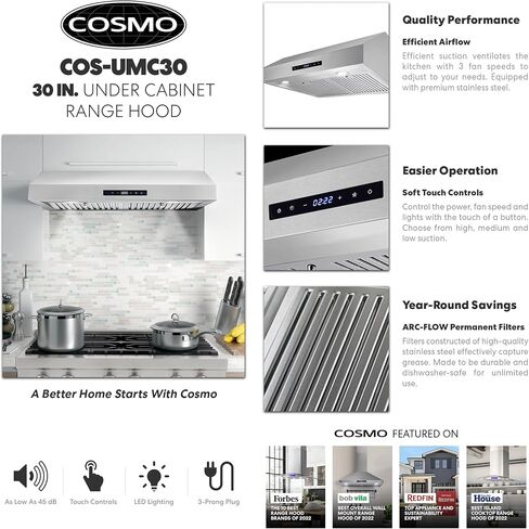 COSMO UMC30 Ducted Under Cabinet Stainless Steel Range Hood with 380 CFM, Permanent Filters & LED Lights, 30 inch in Saudi Arabia