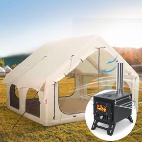 10x10ft Panoramic PVC Doors Inflatable Camping Tent with Wood Hot Tent Stove, Large Blow-Up Air Tent for 5-8 People, No Assembly Needed Luxury Glamping House