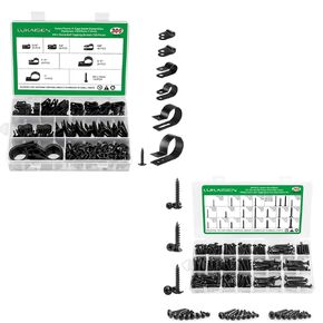 300 PCS Cable Clips for Cable Management Cord Organizer, Nylon R-Type, 3/16'' 1/4'' 3/8'' 1/2'' 3/4'' 1''with M4 Screws and 260 Pieces Phillips Pan Head Wood Screws Black Carbon Steel, M3/M4/M5/M6