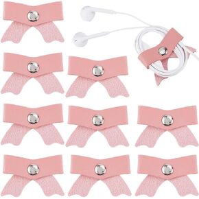 GORGECRAFT 10Pcs Cord Organizer Clips Bulk Pink PU Leather Bowknot Bow Cable Straps USB Management Earphone Winder Storage Small Keeper Holder Organizers for Electronics Phone Cords Organization