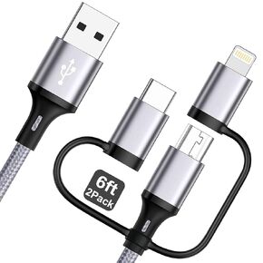 Multi Charging Cable [6ft 2Pack] 3 in 1 USB Charger Cable Nylon Braided Fast Charging Cords Chargers for Multiple Devices with Lightning/Type C/Micro USB/iPhone/iPads/Samsung Galaxy/Ps/Tablets &More