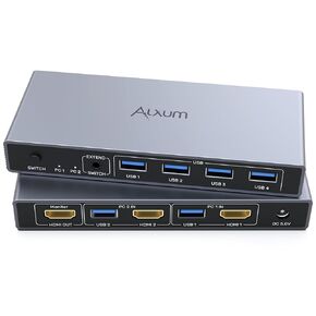 Alxum 2 in 1 Out USB A HDMI KVM Switch-2 Computers 1 Monitor,Two Mode Switching,4K@60Hz,5Gbps High-Speed Transmission,4 USB A for Two Computers Sharing One Monitor,DC5V Adapter and Desktop Controller