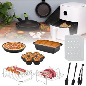 Dual Basket Air Fryer Accessories 9Pcs, Fit for Ninja Dual Air Fryer DZ201, DZ401, DZ550 & Most 8QT - 10QT and Larger Dual Zone Air Fryer, Include Cake Pizza Pan, Racks & Skewer, Paper Liner, etc