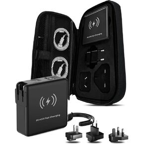 8in1 Travel Power Bank with 20000mAh Battery-Compatible Worldwide Adapter Plug 4 Cables PD65W Fast Charging 2 Ports USB-C/USB-A for Mobile Phones/Earphones/Watches with Storage Bag