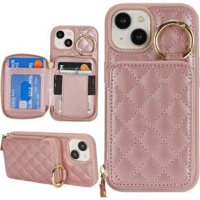 for iPhone 15 Case Wallet with Card Holder,for iPhone 15 Phone case Wallet with Zipper with Slot Kickstand Stand Case for Women and Man-Rose Gold