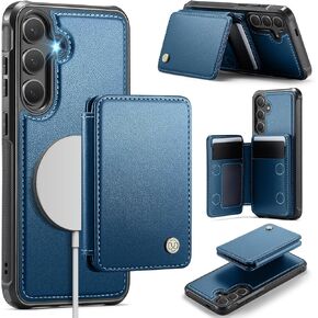 Compatible with Magsafe Wireless Charing for Samsung Galaxy S25 Plus Wallet Case, RFID Blocking Card Holder Magnetic 2 in 1 Detachable Wallet Kickstand Case, Blue
