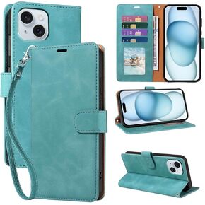for iPhone 15 Wallet Case, RFID Blocking 4 Card Slots Holder for iPhone 15 Phone Case, Wrist Strap, Shockproof Protective Stand Soft PU Leather Folio Flip Cover (Green)