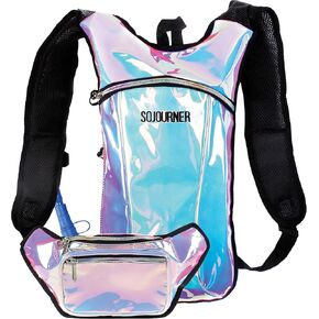 Sojourner Rave Hydration Pack Backpack (2 Pocket Holographic Blue) Bundle with Holographic Rave Fanny Pack (Luminous Pink & Blue)
