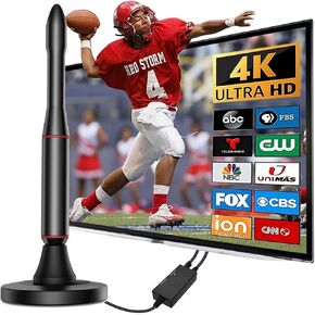 Indoor Digital TV Antenna - 360+ Mile Range, Signal Booster, 16.5 ft Coax Cable, Supports All TVs
