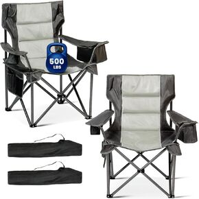 Oversized Folding Camping Chairs 2 Pack, 500lbs Heavy Duty Foldable Chairs for Outside, Outdoor Lawn Chairs for Adults, Portable Chairs for The Beach, Hiking, Fishing (Gray)