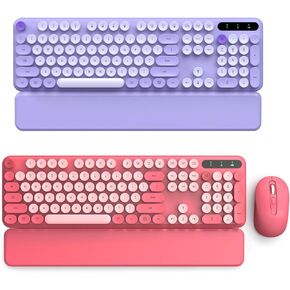 Pink Wireless Keyboard Mouse and Purple Keyboard, Round Keycaps, Full-Size Retro Typewriter Keyboard with Detachable Wrist Rest, Sleep Mode & Tilt Legs, 2.4GHz Cordless Connection