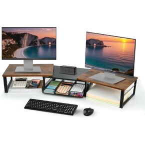 Dual Monitor Stand Riser, Desk Organizer with Drawer, Office Desk Organizers and Accessories, Office Workspace Organization Computer Monitor Stand for Laptop, Printer, TV, Office Supplies, Rustic Brown