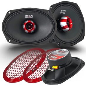 STX Audio X69.2R 6x9 Midrange Speaker ، 950 Watts Max Power ، 4 أوم ، حساسية 91 ديسيبل ، مكثف عالي ، مخروط ورق الصحافة السوداء مع شوايات حمراء لصوت السيارات