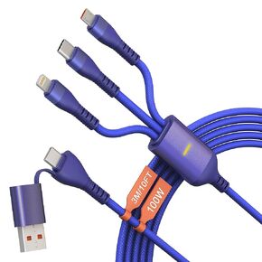 100W USB C to Multi Fast Charging Cable 3M/10Ft [MFi Certified] Fast Charging Cord USB C/A to Micro USB+Lightning(Data)+Type C(Data) Connectors, Multiple Charger Cable for Laptop/iPhone/Pad/Android