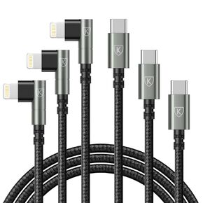 USB C إلى كبل البرق 90 درجة 6 قدم كابلات شاحن iPhone [Apple MFI معتمد] 3PACK سلك الشحن السريع ، كابل Lightning USB C المضفر من النايلون متوافق مع iPhone 14/13/11/11/PRO MAX/Plus/8/7