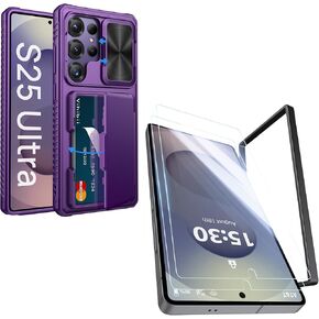 Vihibii for Samung Galaxy S25 Ultra Case with Card Holder & Screen Protector [2 Pack] & Slide Camera Cover, Bulit-in 9H Hardness & HD Tempered Glass Film with Easy Installation Tool 6.9", Dark Purple