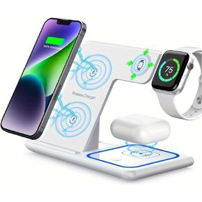 الشاحن اللاسلكي 3 في 1 ، محطة شحن لشركة Apple und ، رصيف الشاحن اللاسلكي المغناطيسي القابل للطي ، محطة شحن سريعة 15 واط لـ iPhone 16 15 14 13 12 11 X Pro Max & Iwatch & Air Pods （White）