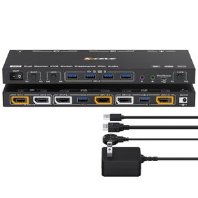 8K DP KVM Switch 2 Monitors 2 Computers with Audio, ANXQQ 8K@30Hz 4K@144Hz USB 3.0 Dual Monitor KVM Switch, 2 Computers Share 4 USB Hub Keyboard Mouse Switch with Wired Control and Power Adapter