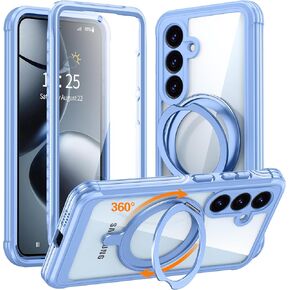 GUSTAVE Magnetic Stand for Samsung Galaxy S25 Case [Fit for MagSafe] [360°Rotatable Stand] [Built-in Tempered Glass Screen Protector] Full-Body Shockproof Military-Grade Protective Case Sky Blue