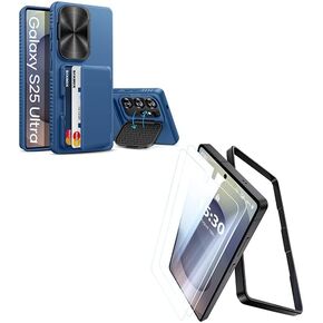 for Samsung Galaxy S25 Ultra Case Wallet, Built-in Stand & 2 Pack Screen Protector, Card Holder & Camera Cover, Full Body Protective Rugged Kickstand Phone Cover Case for S25 Ultra 2025, Blue